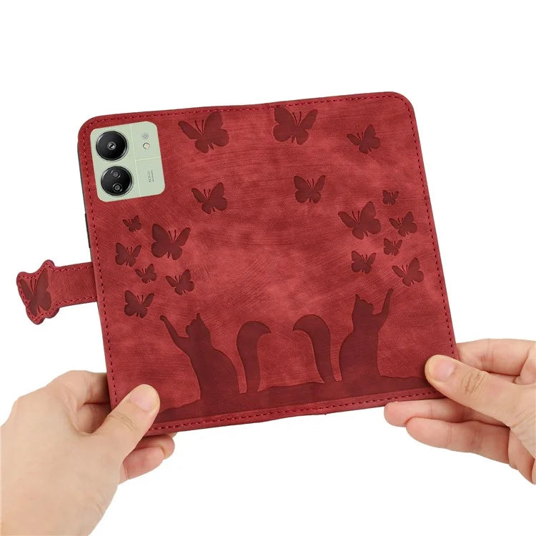 For Xiaomi Redmi 13C 4G / 5G / 13R 5G / Poco M6 5G / Poco C65 4G Case Cat Butterfly Imprinted Leather Magnetic Clasp Phone Cover