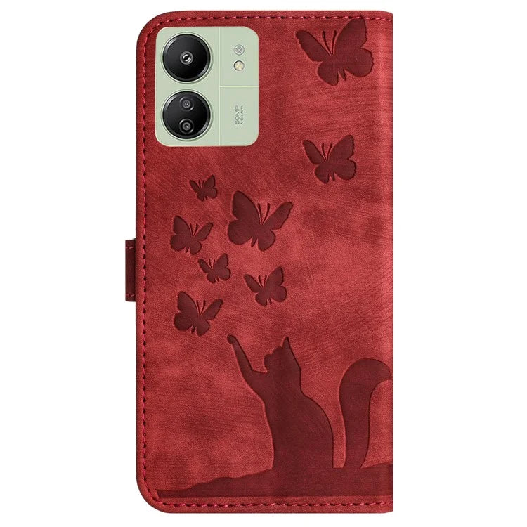 For Xiaomi Redmi 13C 4G / 5G / 13R 5G / Poco M6 5G / Poco C65 4G Case Cat Butterfly Imprinted Leather Magnetic Clasp Phone Cover