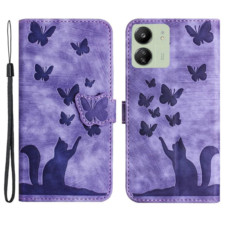 For Xiaomi Redmi 13C 4G / 5G / 13R 5G / Poco M6 5G / Poco C65 4G Case Cat Butterfly Imprinted Leather Magnetic Clasp Phone Cover