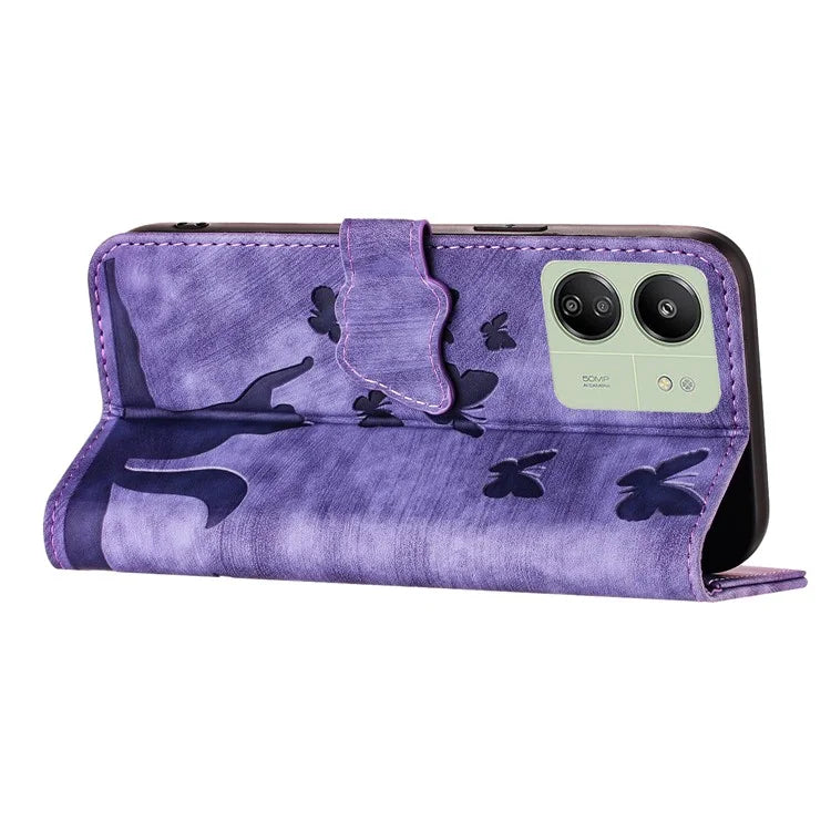 For Xiaomi Redmi 13C 4G / 5G / 13R 5G / Poco M6 5G / Poco C65 4G Case Cat Butterfly Imprinted Leather Magnetic Clasp Phone Cover