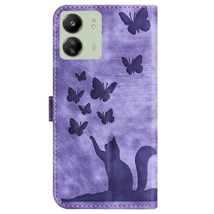 For Xiaomi Redmi 13C 4G / 5G / 13R 5G / Poco M6 5G / Poco C65 4G Case Cat Butterfly Imprinted Leather Magnetic Clasp Phone Cover
