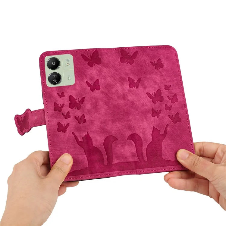 For Xiaomi Redmi 13C 4G / 5G / 13R 5G / Poco M6 5G / Poco C65 4G Case Cat Butterfly Imprinted Leather Magnetic Clasp Phone Cover