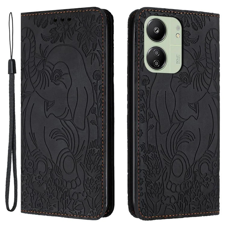 For Xiaomi Redmi 13C 4G / 5G / 13R 5G / Poco M6 5G / Poco C65 4G Wallet Case Elephant Pattern Leather Phone Cover