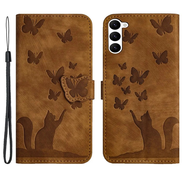 For Samsung Galaxy S23 Case Butterfly Cat Imprinting Leather Folio Phone Cover