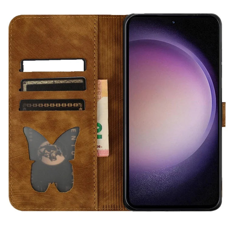 For Samsung Galaxy S23 Case Butterfly Cat Imprinting Leather Folio Phone Cover