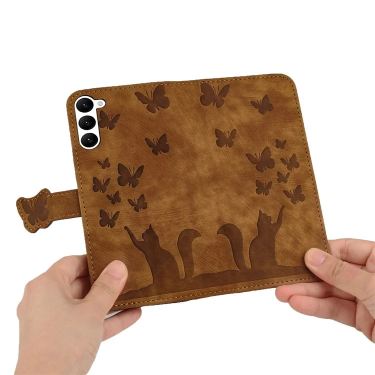 For Samsung Galaxy S23 Case Butterfly Cat Imprinting Leather Folio Phone Cover