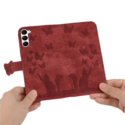 For Samsung Galaxy S23 Case Butterfly Cat Imprinting Leather Folio Phone Cover
