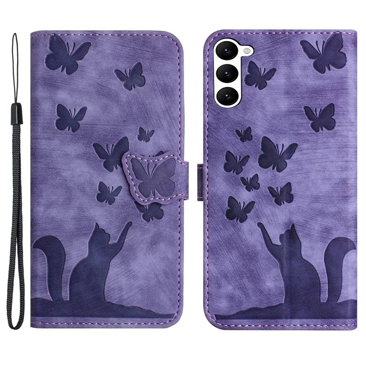 For Samsung Galaxy S23 Case Butterfly Cat Imprinting Leather Folio Phone Cover