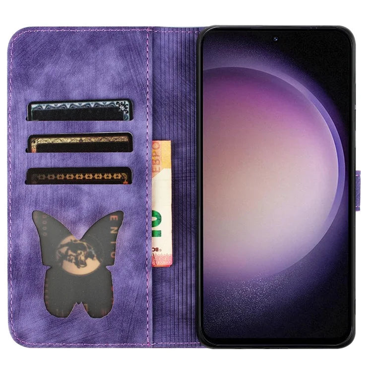 For Samsung Galaxy S23 Case Butterfly Cat Imprinting Leather Folio Phone Cover