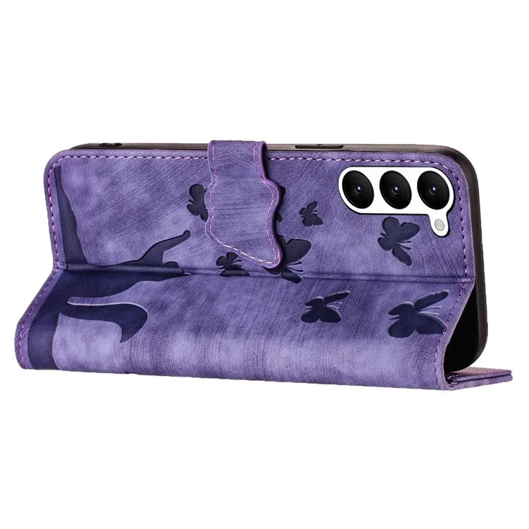 For Samsung Galaxy S23 Case Butterfly Cat Imprinting Leather Folio Phone Cover