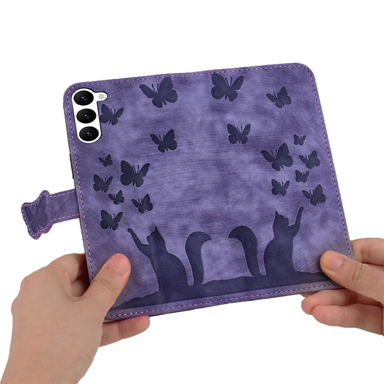 For Samsung Galaxy S23 Case Butterfly Cat Imprinting Leather Folio Phone Cover