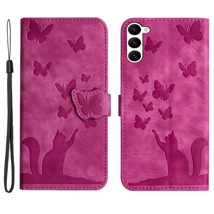 For Samsung Galaxy S23 Case Butterfly Cat Imprinting Leather Folio Phone Cover