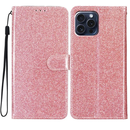 For iPhone 16 Pro Max Case Stand Wallet Glitter Leather Phone Cover Gold