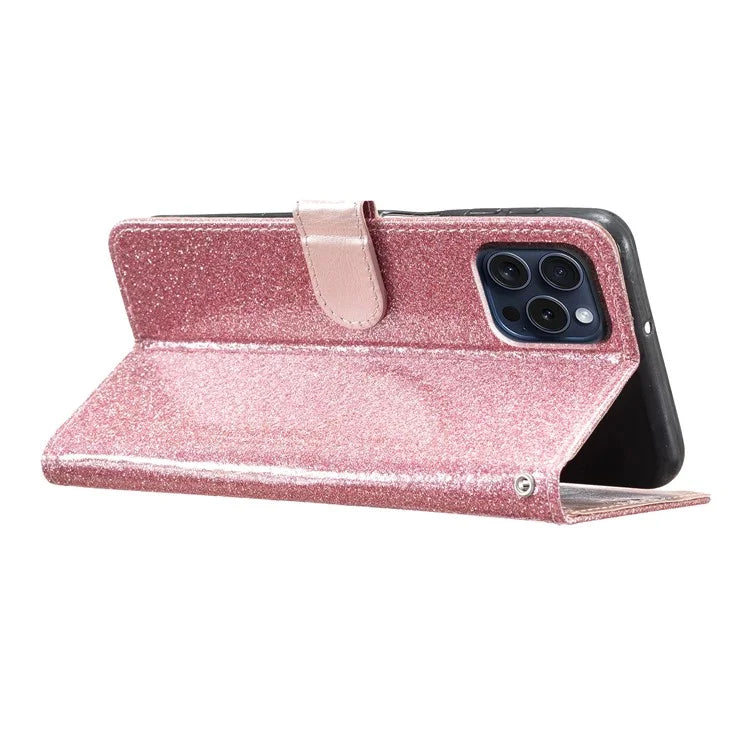 For iPhone 16 Pro Max Case Stand Wallet Glitter Leather Phone Cover Gold