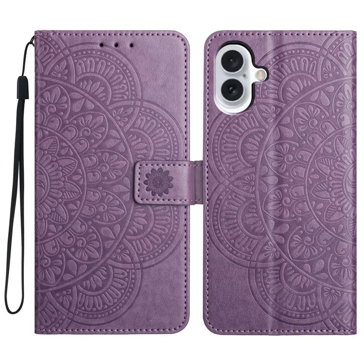 For iPhone 16 Plus Case Imprinted Mandala Pattern Stand Leather Phone Cover