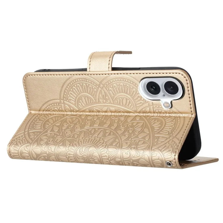 For iPhone 16 Plus Case Imprinted Mandala Pattern Stand Leather Phone Cover