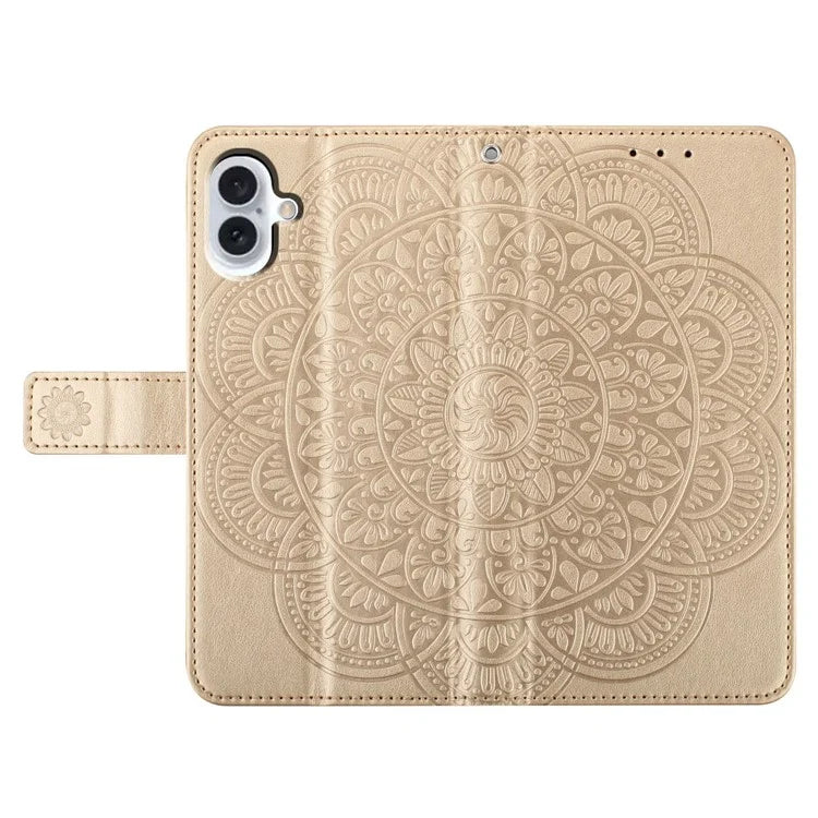 For iPhone 16 Plus Case Imprinted Mandala Pattern Stand Leather Phone Cover