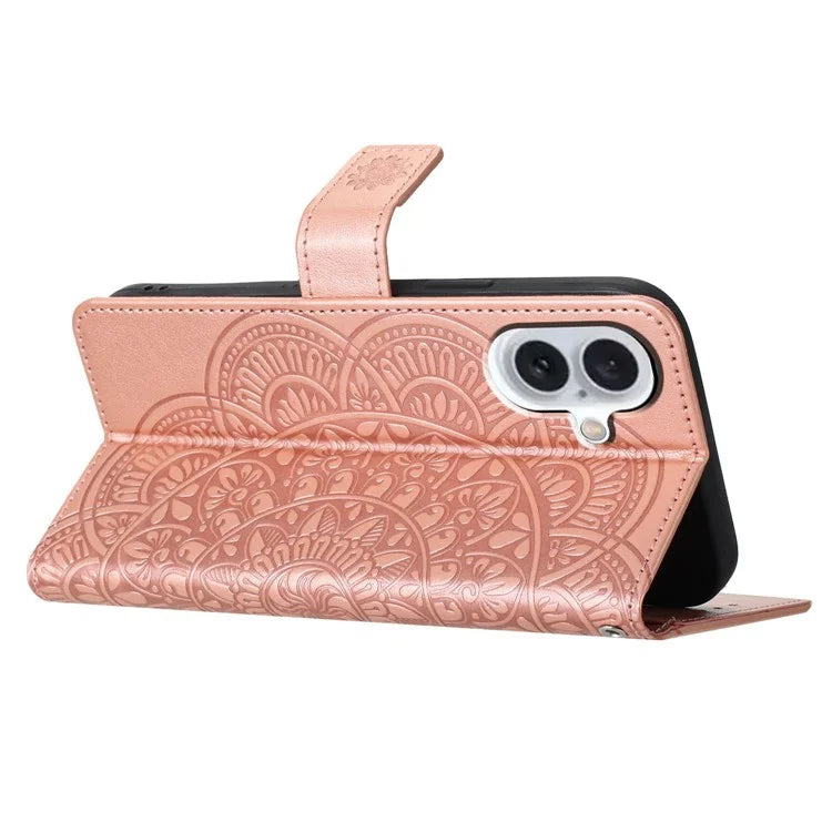 For iPhone 16 Plus Case Imprinted Mandala Pattern Stand Leather Phone Cover