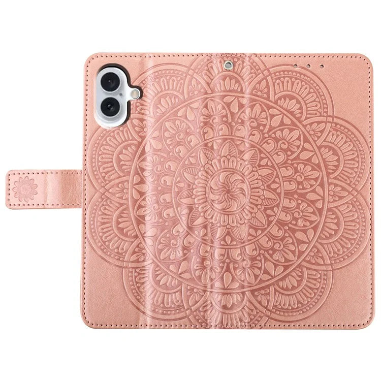 For iPhone 16 Plus Case Imprinted Mandala Pattern Stand Leather Phone Cover