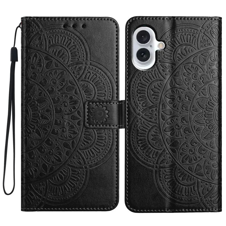 For iPhone 16 Plus Case Imprinted Mandala Pattern Stand Leather Phone Cover