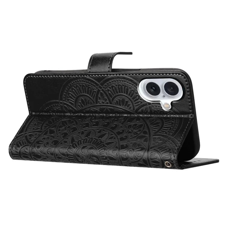 For iPhone 16 Plus Case Imprinted Mandala Pattern Stand Leather Phone Cover