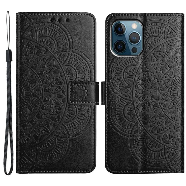 For iPhone 16 Pro Max Case Wallet PU Leather Mandala Pattern Phone Cover with Strap