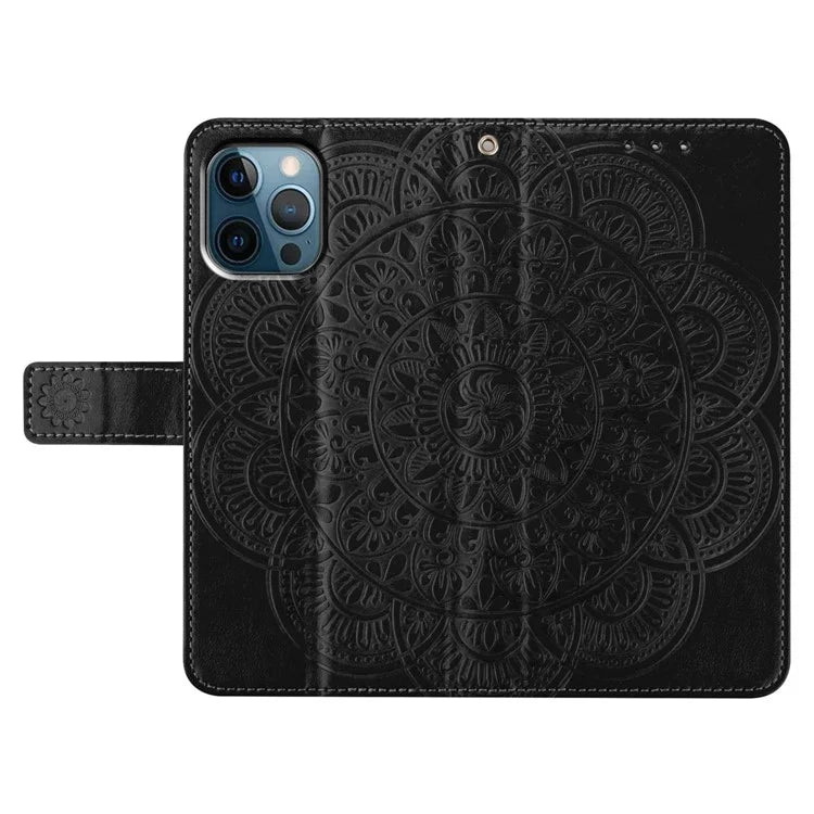 For iPhone 16 Pro Max Case Wallet PU Leather Mandala Pattern Phone Cover with Strap