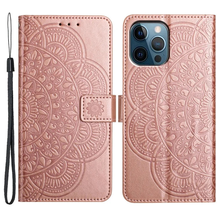For iPhone 16 Pro Max Case Wallet PU Leather Mandala Pattern Phone Cover with Strap
