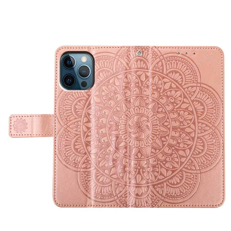 For iPhone 16 Pro Max Case Wallet PU Leather Mandala Pattern Phone Cover with Strap