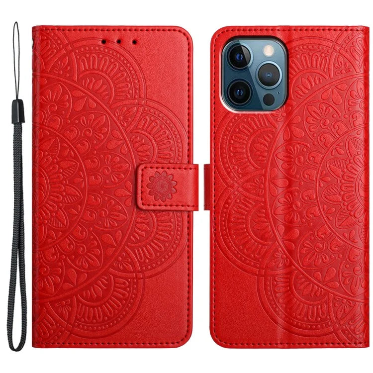 For iPhone 16 Pro Max Case Wallet PU Leather Mandala Pattern Phone Cover with Strap