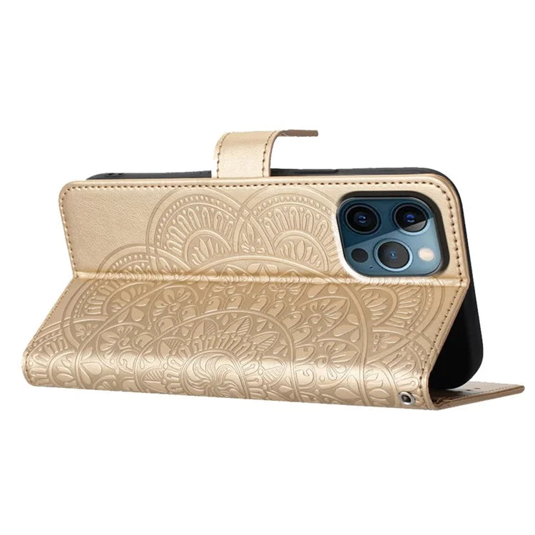 For iPhone 16 Pro Max Case Wallet PU Leather Mandala Pattern Phone Cover with Strap