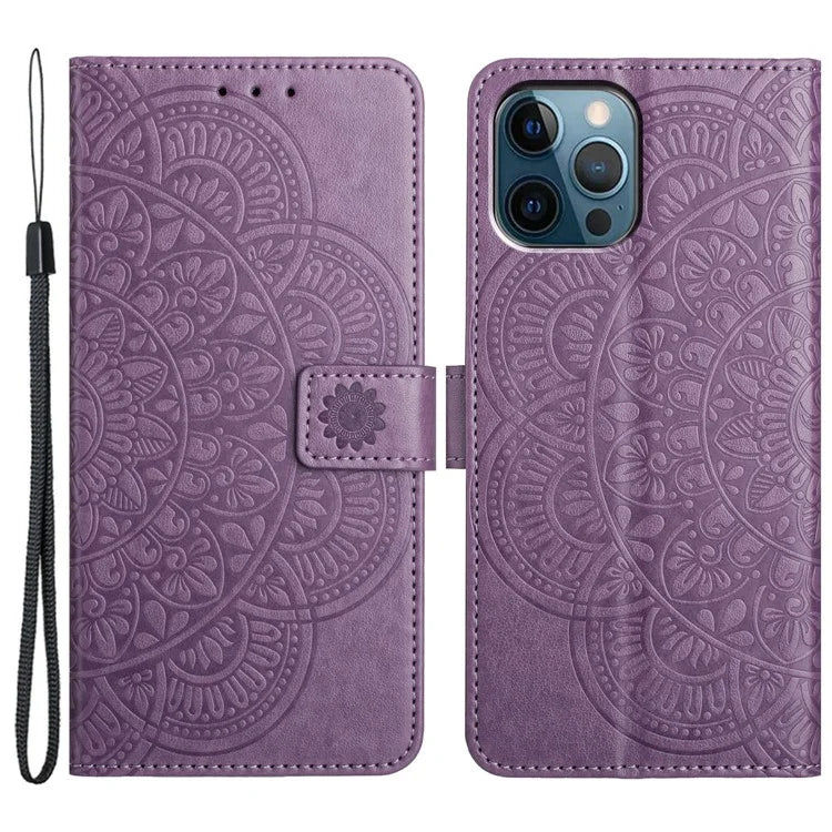 For iPhone 16 Pro Max Case Wallet PU Leather Mandala Pattern Phone Cover with Strap