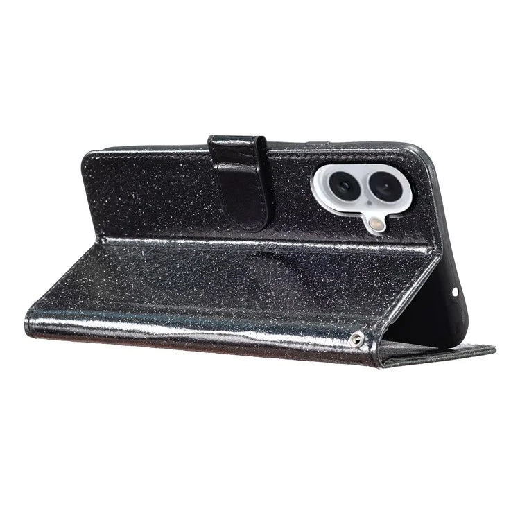 For iPhone 16 Plus Case PU Leather Wallet Folding Stand Glitter Phone Cover