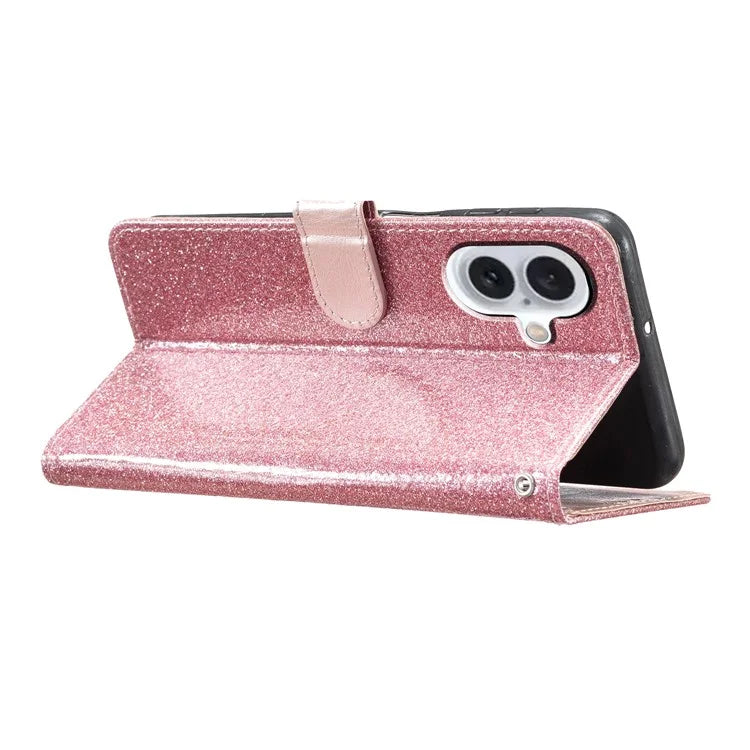 For iPhone 16 Plus Case PU Leather Wallet Folding Stand Glitter Phone Cover Gold