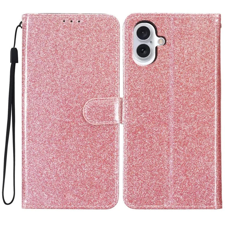 For iPhone 16 Protective Case Glitter Leather Wallet Phone Cover Gold
