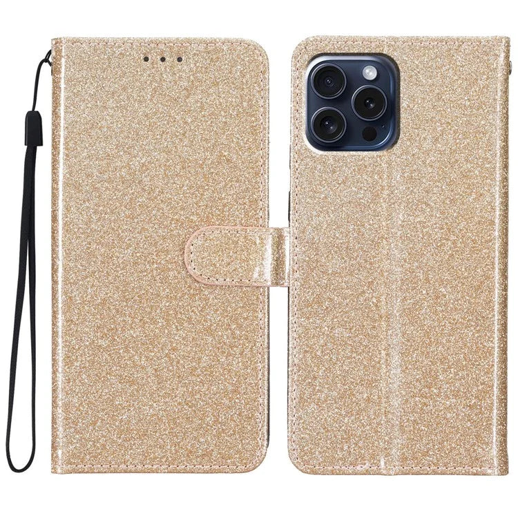 For iPhone 16 Pro Case Glitter PU Leather Wallet Card Slots Phone Cover