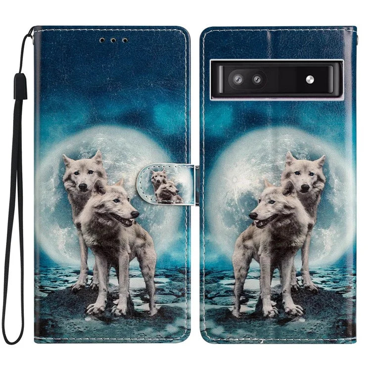 For Google Pixel 8a Case Pattern Printing Leather Phone Cover with Hand Strap