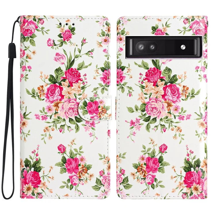 For Google Pixel 8a Case Pattern Printing Leather Phone Cover with Hand Strap
