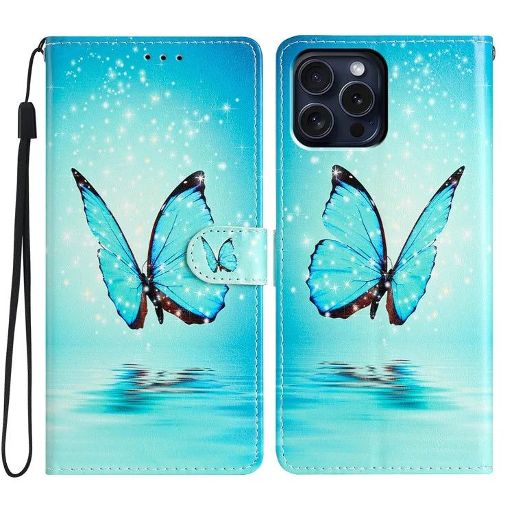 For iPhone 16 Pro Case Print Pattern Design PU Leather Phone Cover with Card Slots Wrist Strap