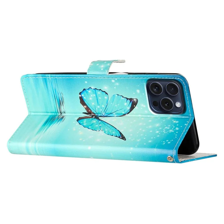 For iPhone 16 Pro Case Print Pattern Design PU Leather Phone Cover with Card Slots Wrist Strap