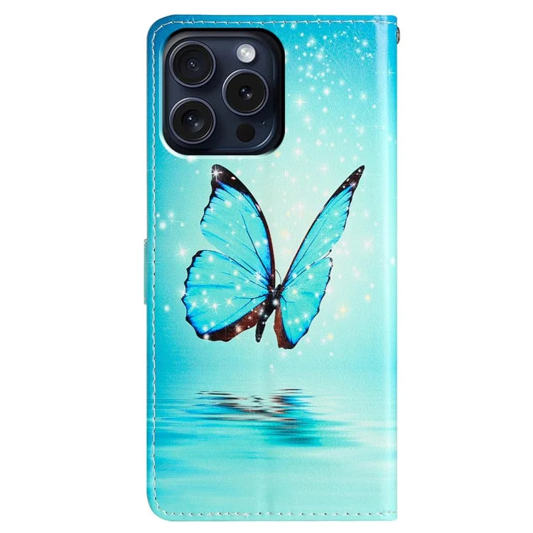For iPhone 16 Pro Case Print Pattern Design PU Leather Phone Cover with Card Slots Wrist Strap