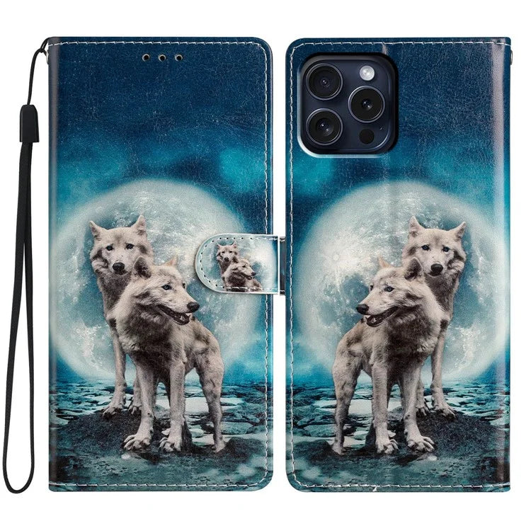 For iPhone 16 Pro Case Print Pattern Design PU Leather Phone Cover with Card Slots Wrist Strap