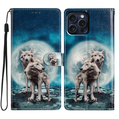 For iPhone 16 Pro Case Print Pattern Design PU Leather Phone Cover with Card Slots Wrist Strap