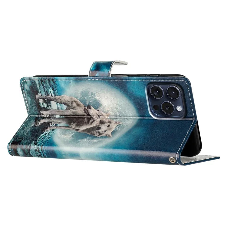 For iPhone 16 Pro Case Print Pattern Design PU Leather Phone Cover with Card Slots Wrist Strap