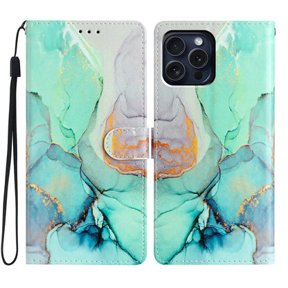 For iPhone 16 Pro Case Print Pattern Design PU Leather Phone Cover with Card Slots Wrist Strap