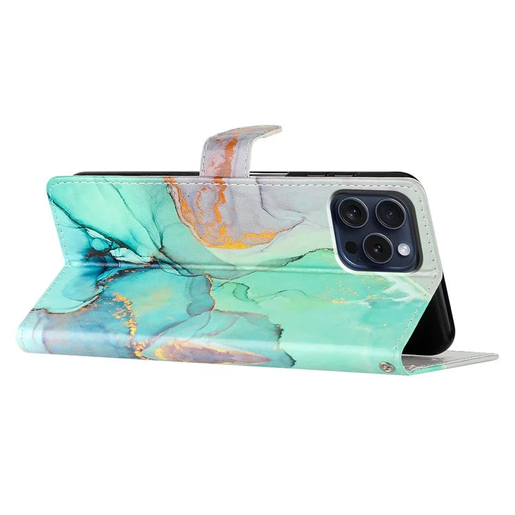For iPhone 16 Pro Case Print Pattern Design PU Leather Phone Cover with Card Slots Wrist Strap