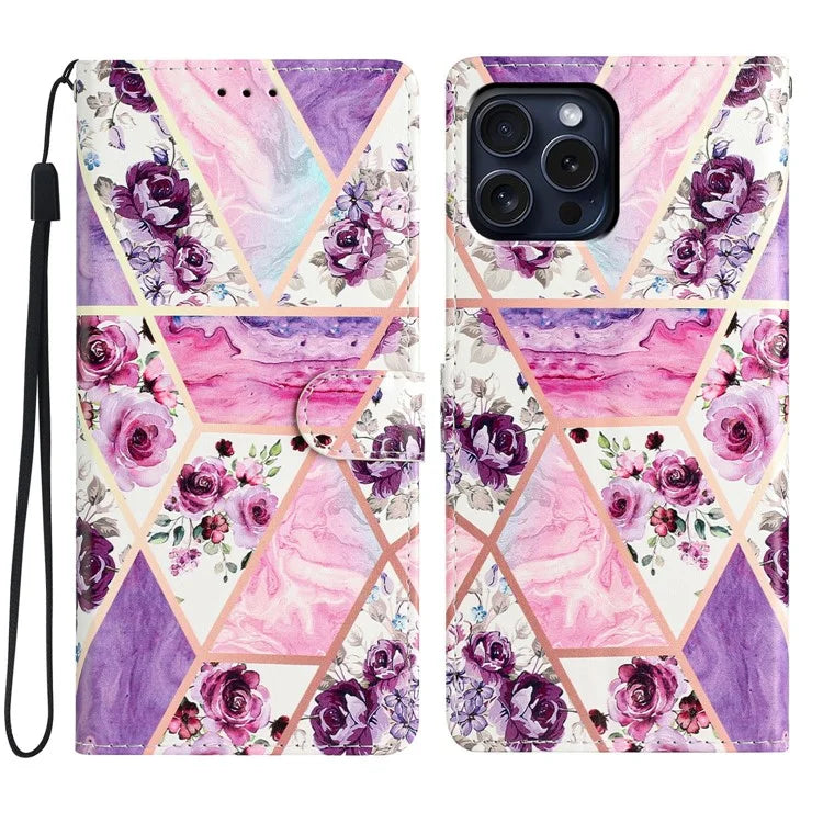 For iPhone 16 Pro Case Print Pattern Design PU Leather Phone Cover with Card Slots Wrist Strap