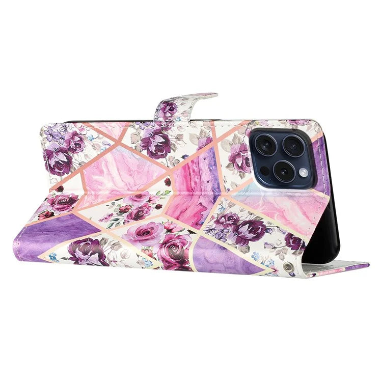 For iPhone 16 Pro Case Print Pattern Design PU Leather Phone Cover with Card Slots Wrist Strap