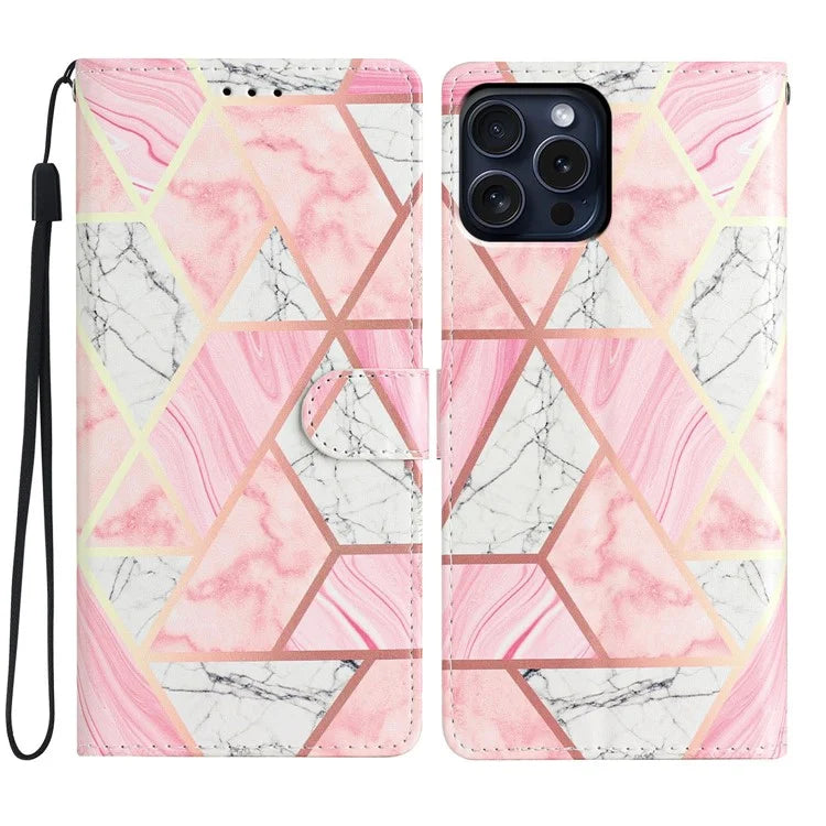 For iPhone 16 Pro Case Print Pattern Design PU Leather Phone Cover with Card Slots Wrist Strap