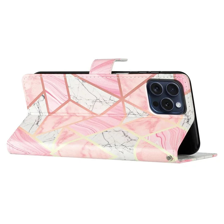 For iPhone 16 Pro Case Print Pattern Design PU Leather Phone Cover with Card Slots Wrist Strap
